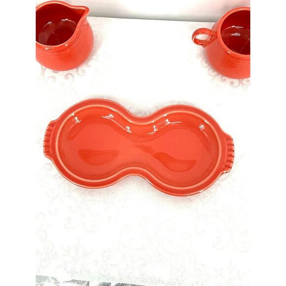 Fiesta "Red Ceramic Creamer & Sugar Bowl Set With Tray Vintage Homer Laughlin Po - Picture 5 of 9
